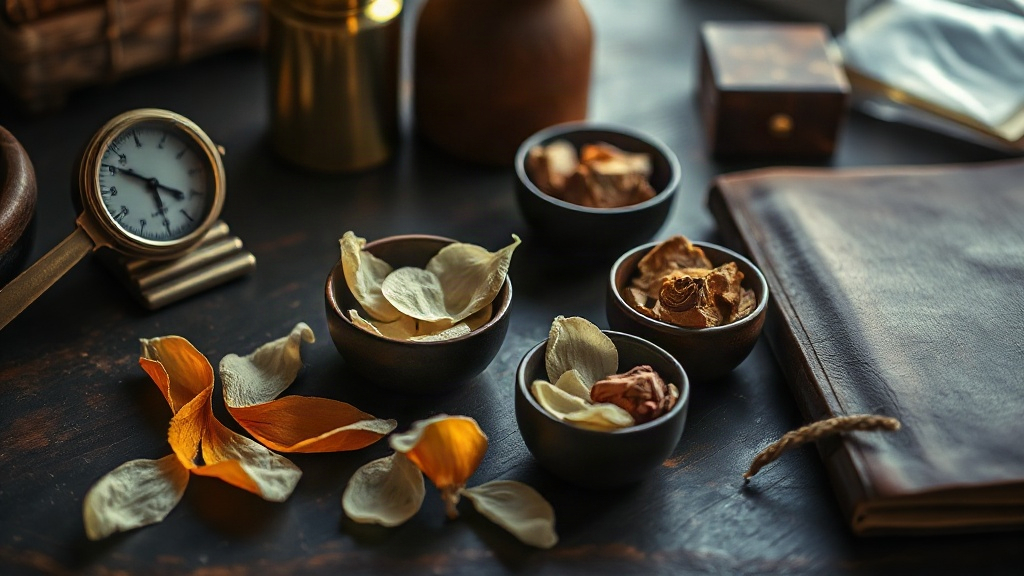 Close-up photograph of raw perfumery ingredients arranged on a dark wooden workbench, dried bergamot peel, fresh jasmine