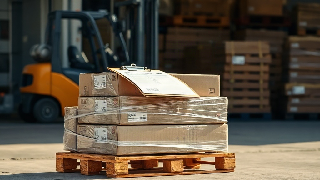 A logistics dock scene with stacked cardboard shipping cartons wrapped in clear plastic film on a wooden pallet, a forkl