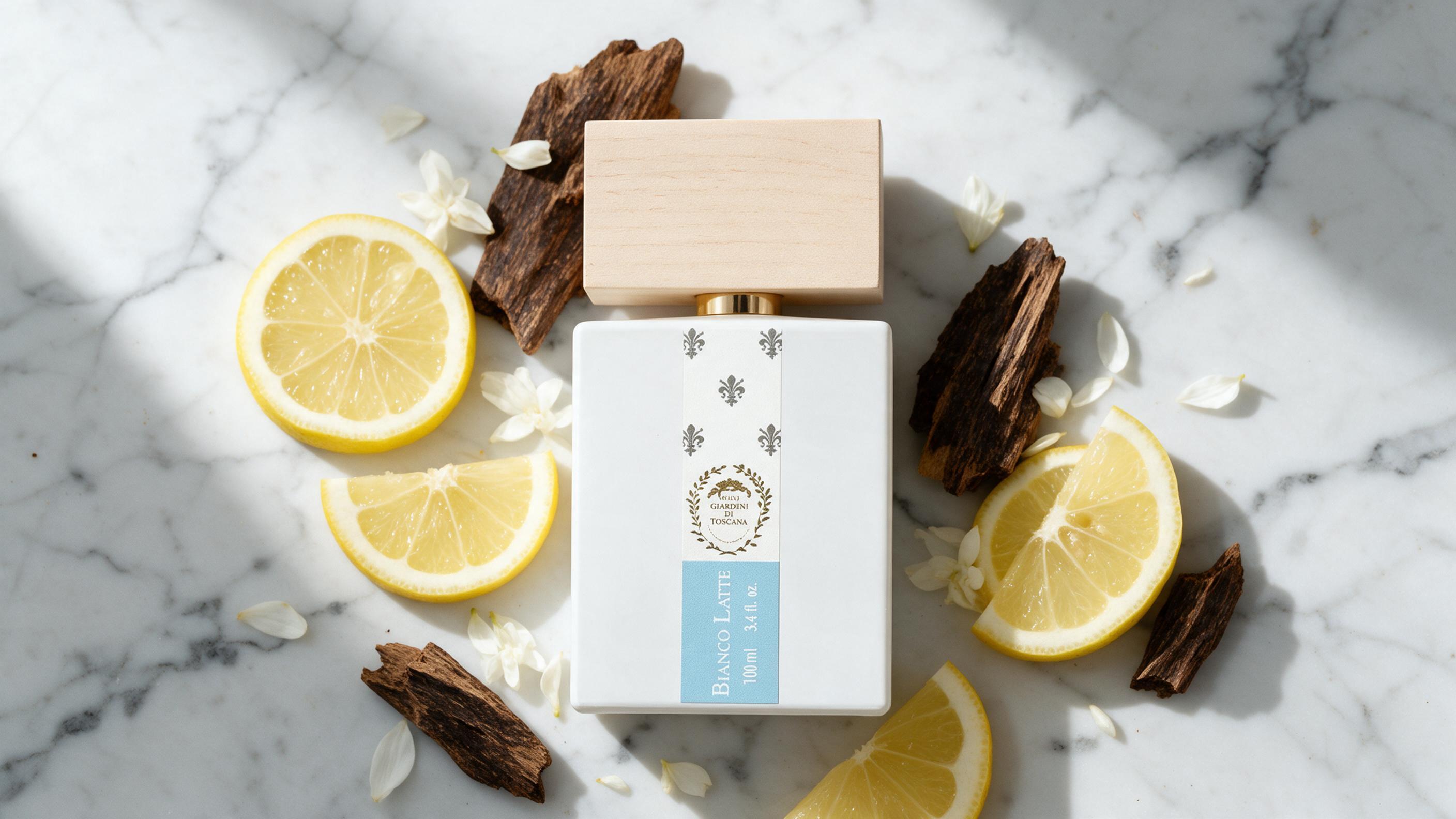 Overhead shot on a marble surface showing scattered bergamot citrus slices, fresh jasmine petals, and small chunks of ou