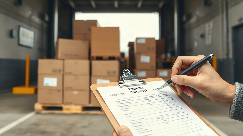 warehouse loading dock scene with sealed export cargo boxes stacked on a pallet, a customs shipping manifest clipboard, 