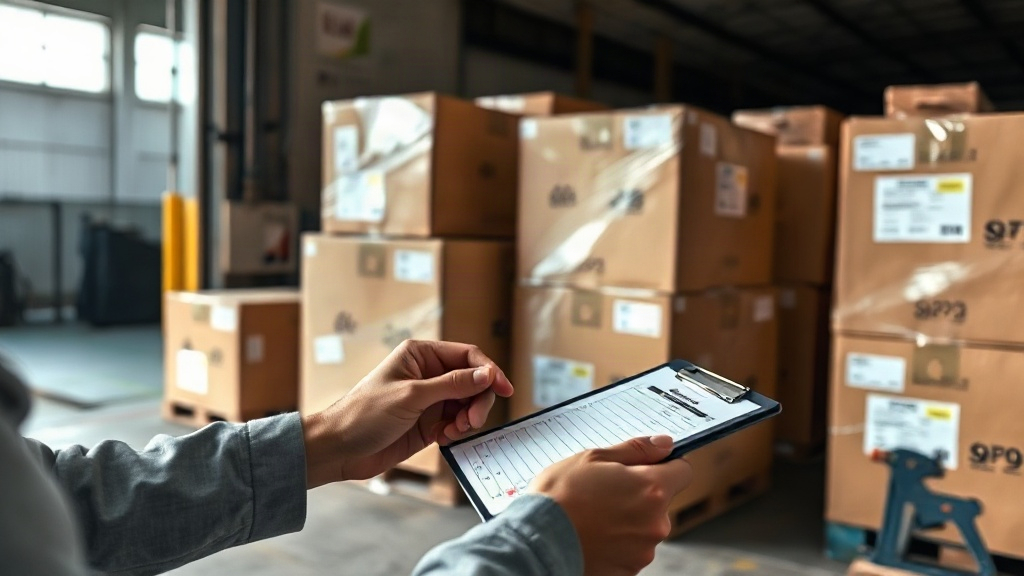hands in a warehouse checking a shipping manifest against sealed export cartons stacked on a pallet, clipboard with a pa