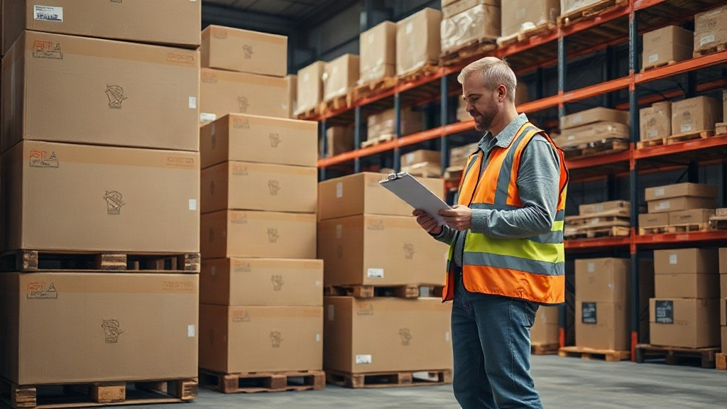 A warehouse interior with wooden pallets stacked with sealed brown cardboard shipping boxes, a worker in a high-visibili