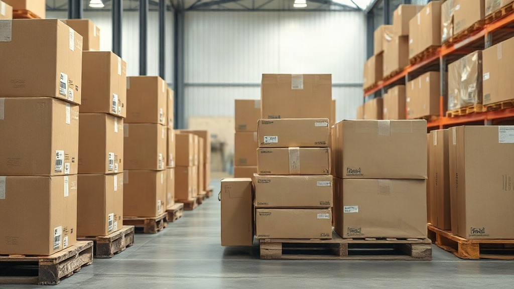 rows of sealed cardboard shipping cartons stacked on wooden pallets inside a bright fragrance distribution warehouse, a