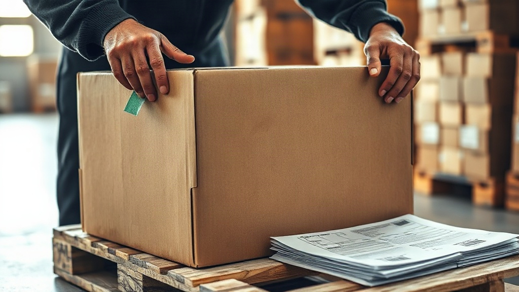 Close-up of a worker's hands sealing a cardboard export shipping carton with packing tape, a stack of printed shipp
