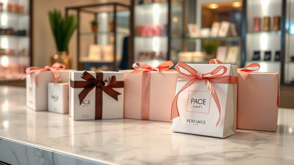 elegant retail counter display with neatly wrapped perfume gift boxes tied with ribbon, arranged on a polished marble su