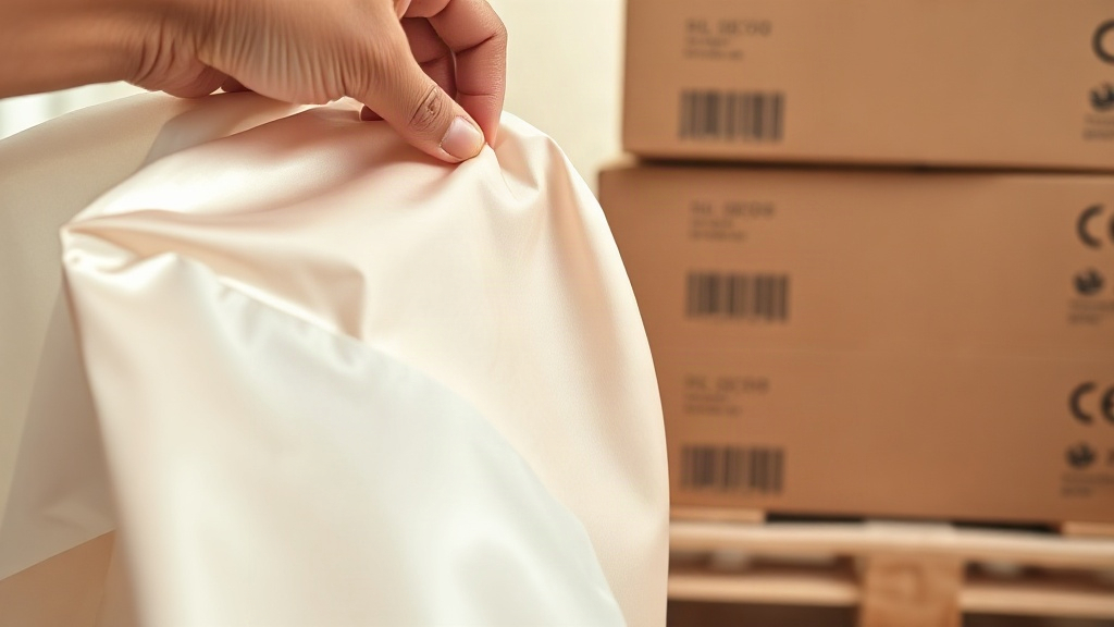 Close-up photograph of a hand holding a swatch of silky fabric beside a stack of sealed cardboard shipping boxes on a wo