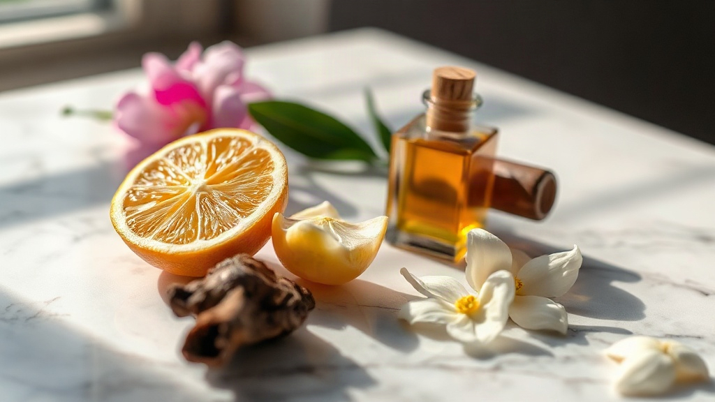 close-up still life of raw perfume ingredients arranged on a marble surface, fresh bergamot citrus, jasmine flowers, a s
