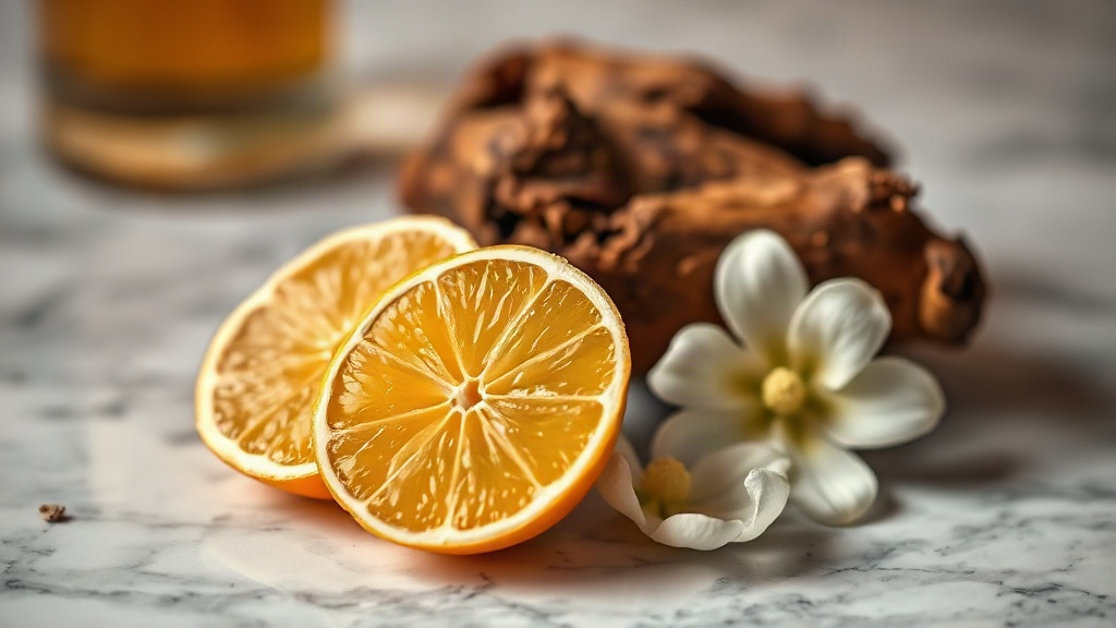 close-up of raw perfumery ingredients arranged on a marble surface — fresh bergamot halves, jasmine blossoms, and a chun