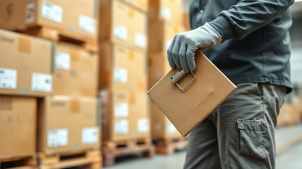A warehouse professional in work gloves inspecting stacked cardboard shipping cartons on wooden pallets, holding a clipb