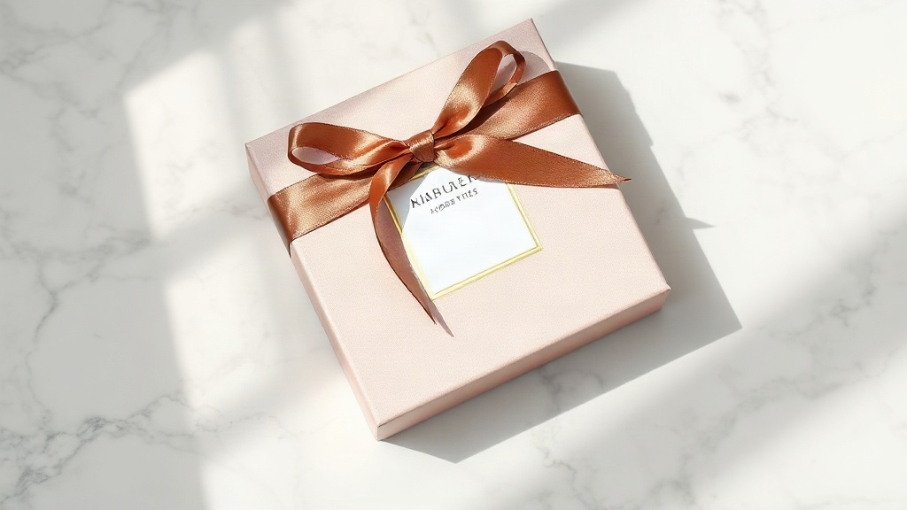 Flat-lay photograph of an elegant perfume gift set packaging box wrapped in silk fabric with a satin ribbon, resting on 