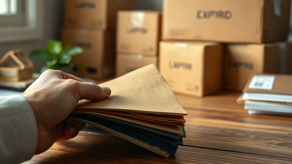 close-up of a hand holding fabric swatches and export shipping documents on a wooden desk, sealed cardboard export boxes