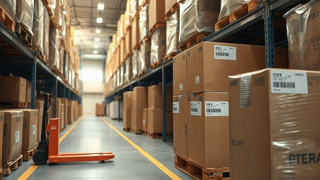 a wholesale warehouse aisle with wooden pallets stacked with sealed brown cargo boxes and shrink-wrapped cartons, a pall