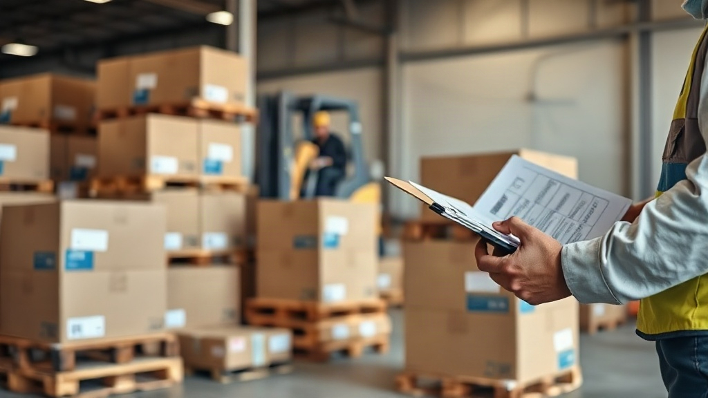 a warehouse interior with stacked wooden pallets of sealed cardboard shipping boxes, a forklift in the background, a wor