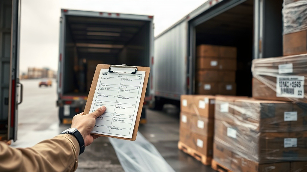 A loading dock scene showing hands holding a clipboard with shipping labels, stacked cardboard cargo boxes wrapped in cl