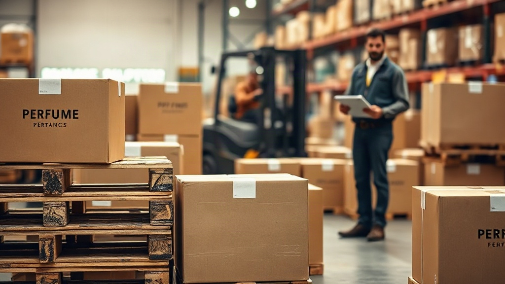 Wooden pallets stacked with sealed cardboard shipping cartons in a bright perfume distribution warehouse, a forklift in 