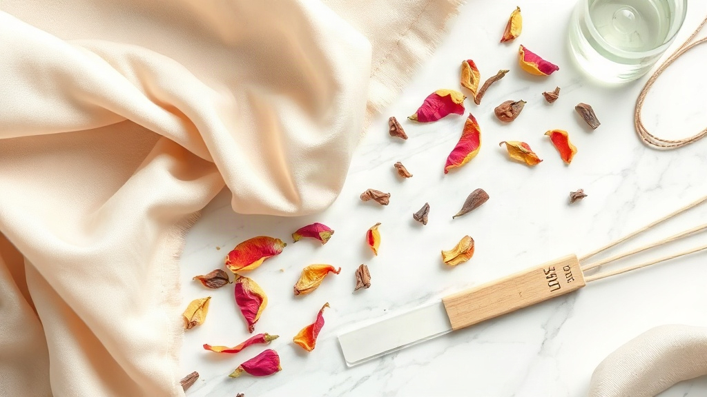 a flat lay on a white marble surface featuring folded ivory silk fabric, scattered dried rose petals and sandalwood chip