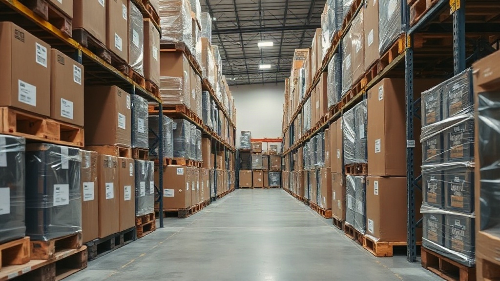 a wholesale warehouse aisle with wooden pallets stacked with sealed brown cargo boxes and shrink-wrapped cartons, a pall