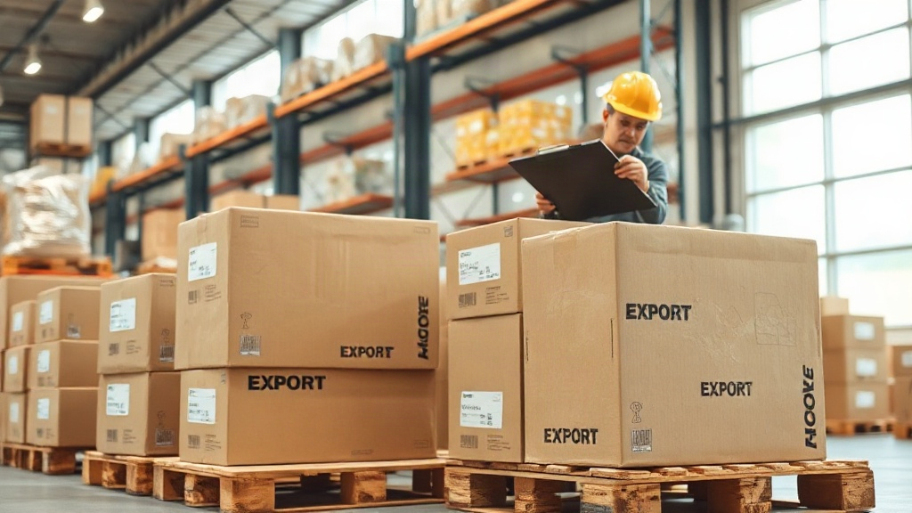 warehouse interior with stacked cardboard shipping cartons on wooden pallets, a worker's hand holding a clipboard w