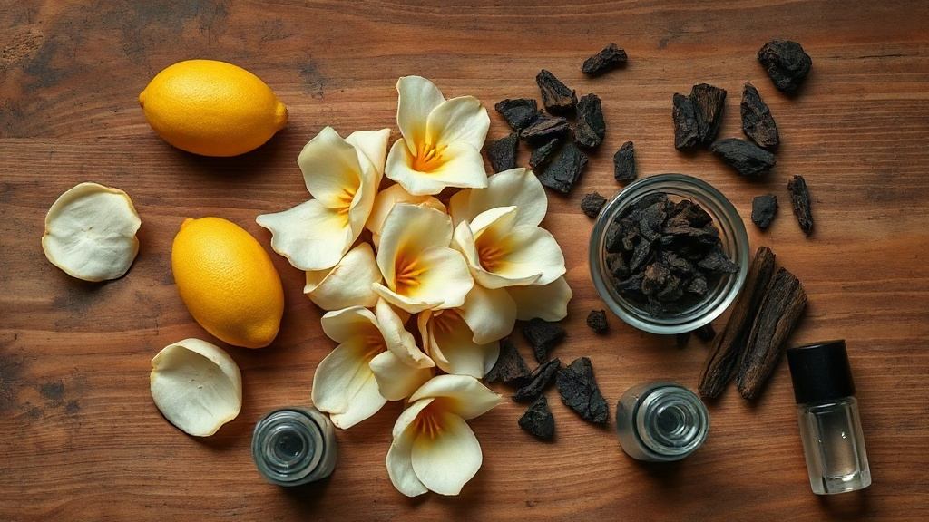 overhead photo of raw perfume ingredients including fresh bergamot halves, jasmine blossoms, and dark oud wood chips arr
