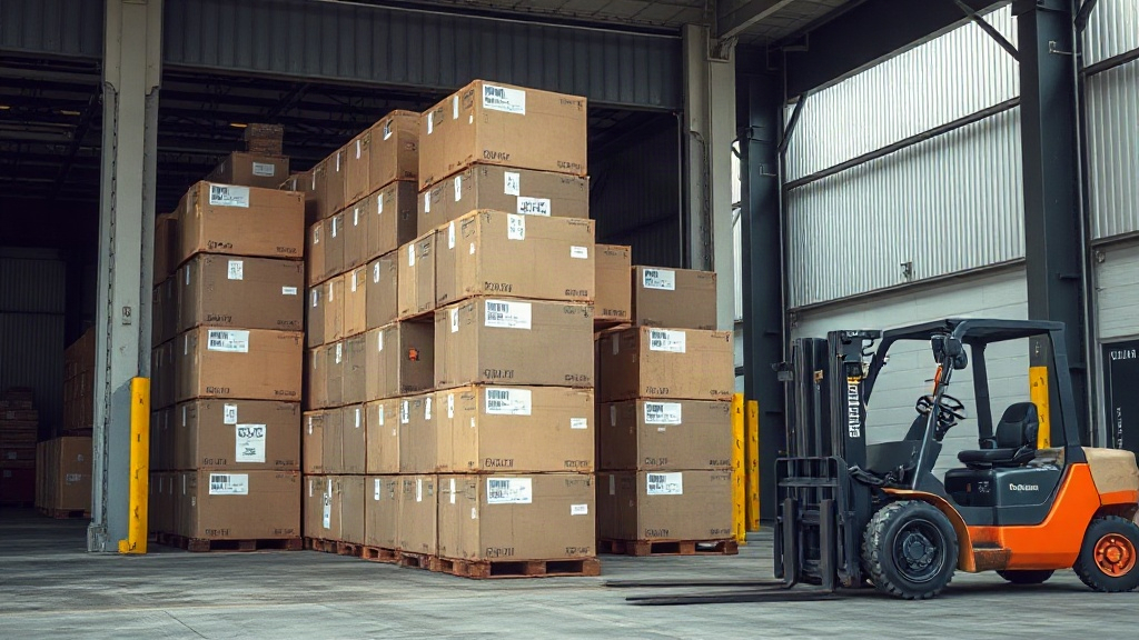 cargo shipping cartons stacked on a warehouse loading dock, a forklift with a pallet nearby, export labels visible on th
