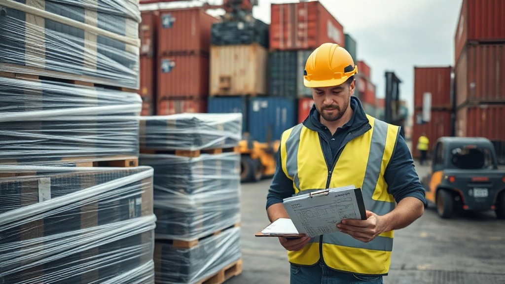 A customs and freight scene at a shipping dock, stacked cargo pallets wrapped tightly in clear plastic film, a worker in