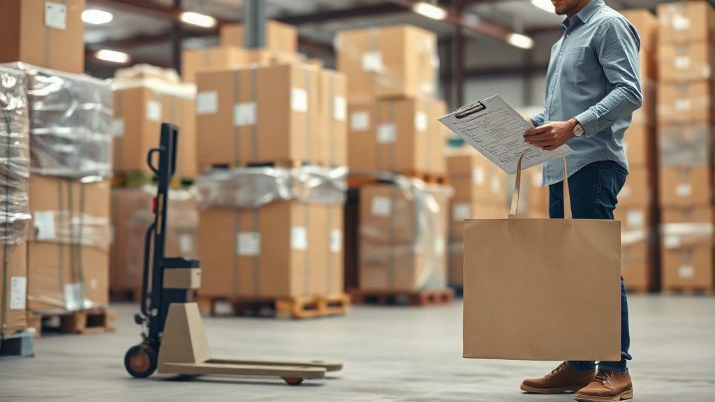 warehouse interior with neatly wrapped pallets of cardboard shipping cartons and a pallet jack, worker hands checking a 