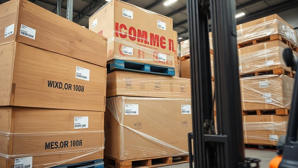 Stacked wooden shipping crates and sealed cardboard cartons on wrapped pallets inside a customs warehouse, visible shipp