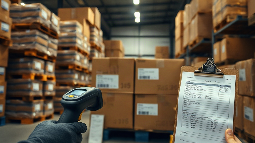 warehouse interior with stacked wooden pallets, sealed cardboard shipping cartons with courier labels, a handheld barcod
