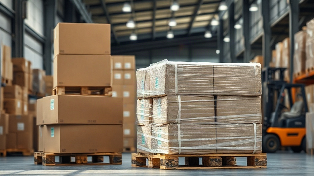 a warehouse loading area with stacked cardboard shipping cartons on wooden pallets, a shrink-wrapped pallet ready for fr