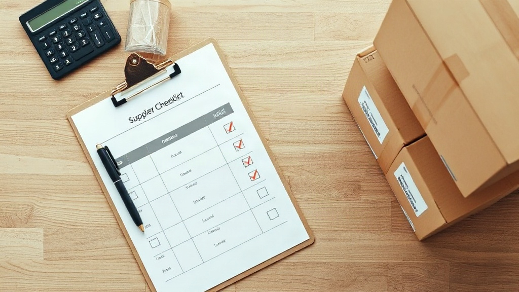 overhead shot of a wooden desk with a clipboard holding a supplier checklist, a calculator, stacked shipping cartons in