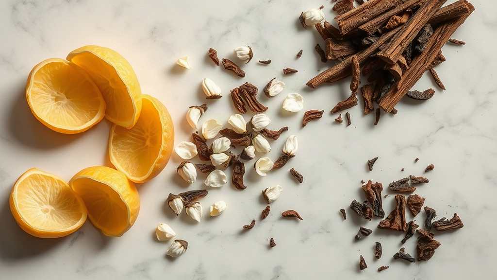 A close-up overhead shot of raw perfumery ingredients arranged on a marble surface — fresh bergamot peels, scattered jas