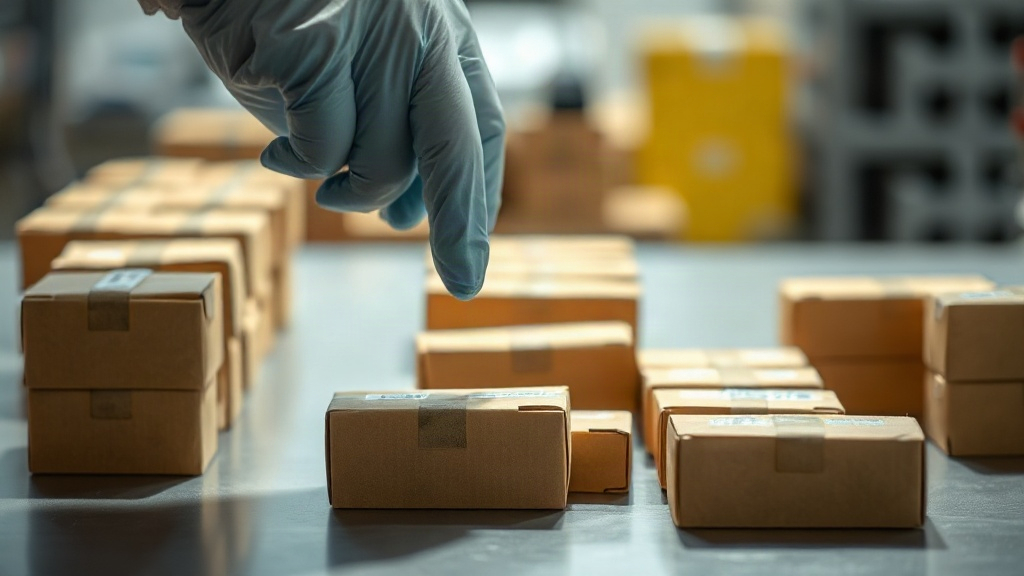 Macro photograph of hands in clean gloves inspecting small cardboard sample boxes on a quality-control table, stacks of 