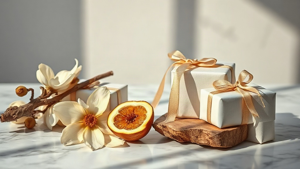 Marble countertop styled for a fragrance showroom display, dried jasmine blossoms, a split bergamot fruit, a raw chunk o