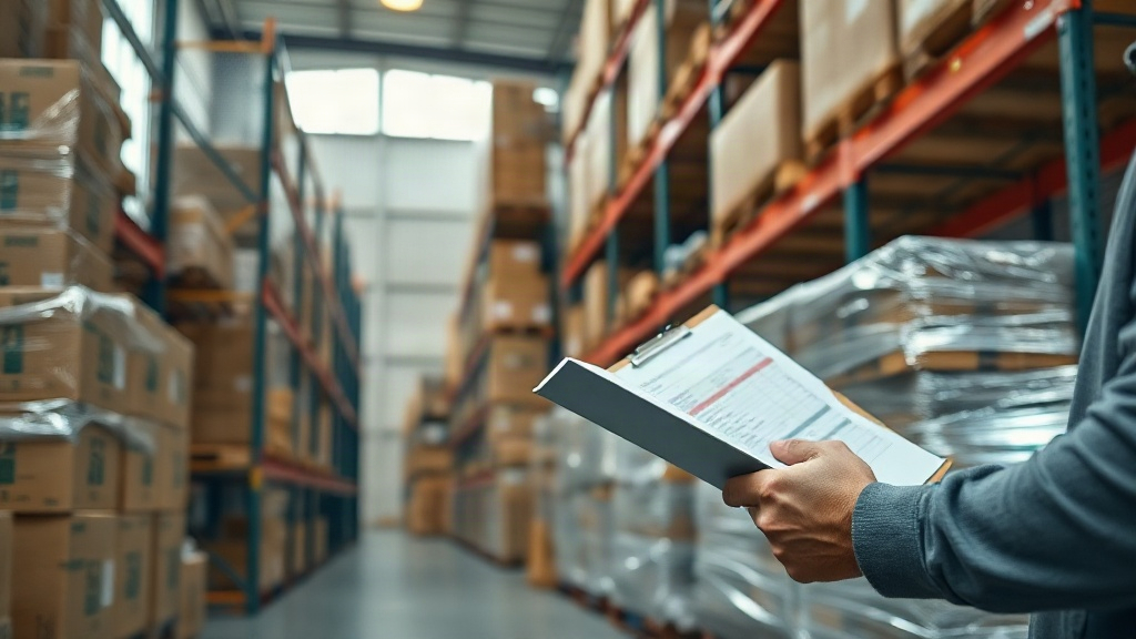 a wholesale warehouse interior with stacked cardboard shipping boxes and wrapped pallets, a worker's hand holding a