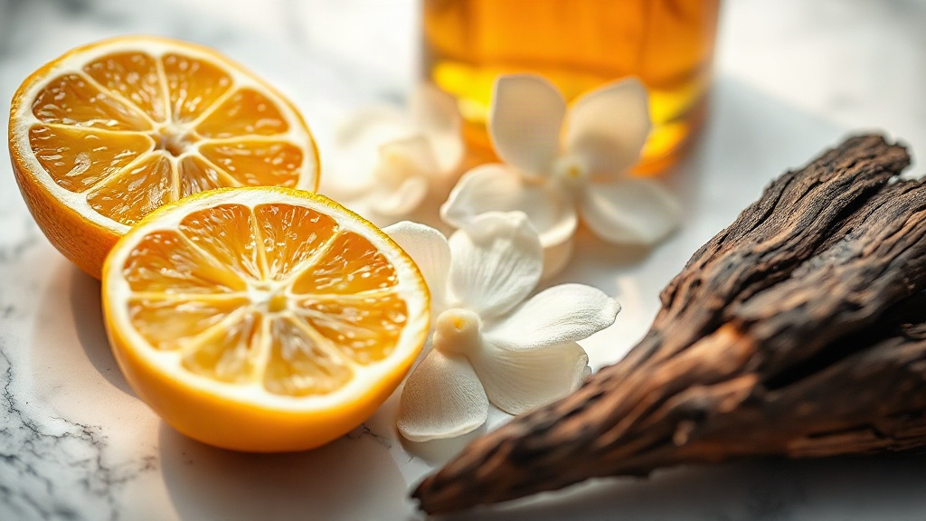 close-up still life of perfume raw materials — fresh bergamot citrus halves, white jasmine blossoms, and a dark piece of
