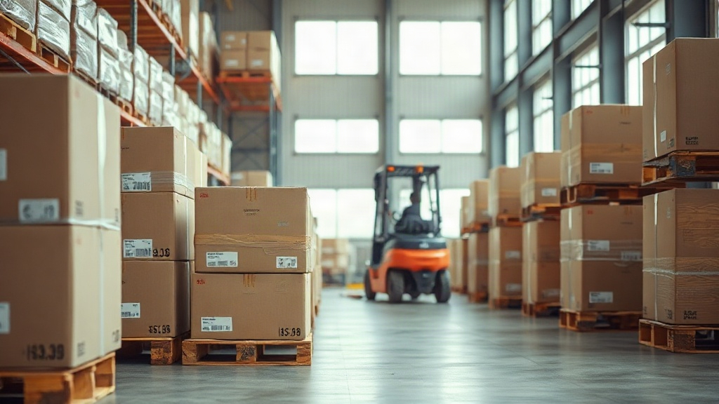 wide shot of a fragrance warehouse with stacked wooden pallets holding sealed cardboard shipping cartons, a forklift in 