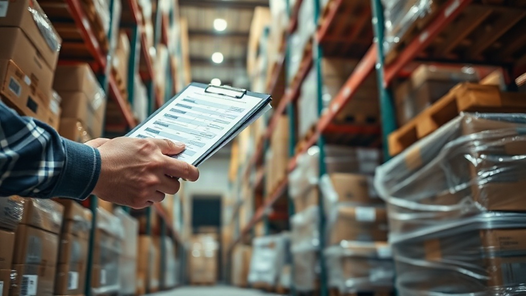 close-up of warehouse shelving stacked with sealed cardboard shipping cartons and wrapped pallets, a worker's hand