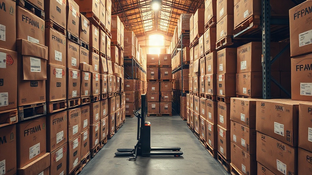overhead photograph of a fragrance export warehouse aisle with neatly stacked cardboard shipping cartons on wooden palle