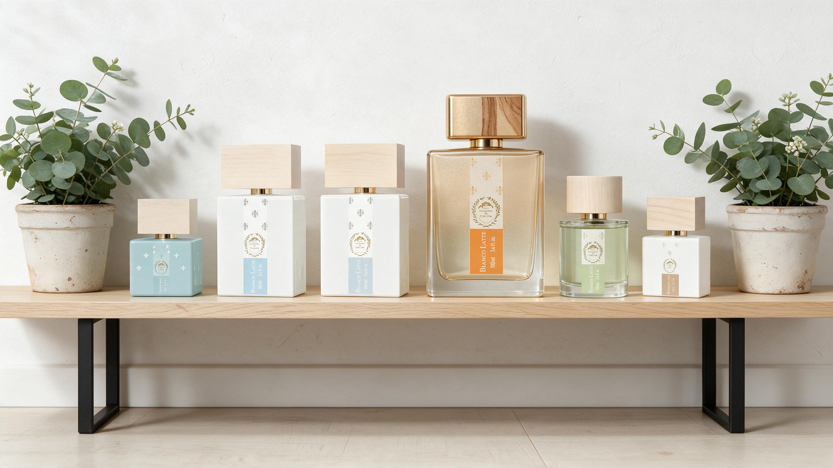 A clean assortment of perfume bottles in varying sizes arranged on a minimalist display shelf for a wholesale fragrance 