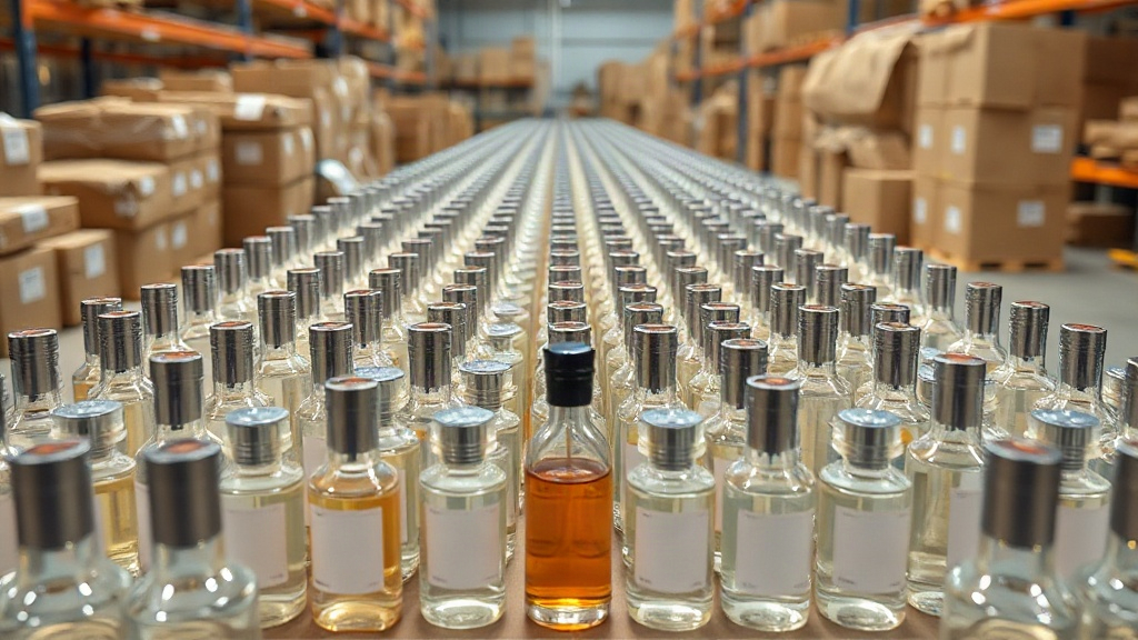 Clean overhead product photography of neatly arranged rows of unlabeled wholesale perfume bottles of varying sizes on a