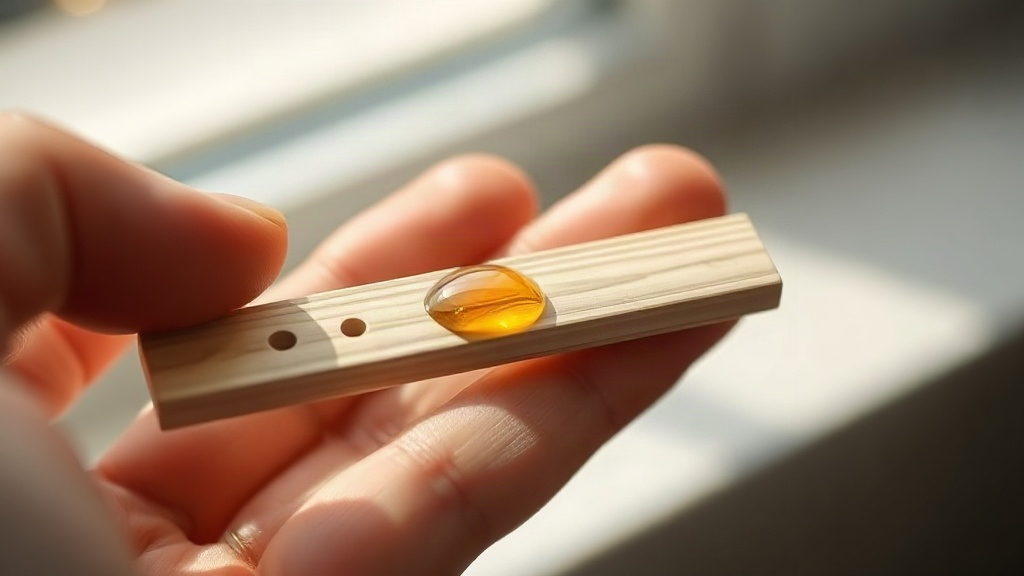 Close-up of a hand holding a thin wooden fragrance testing strip with a few drops of golden amber oil glistening on it, 