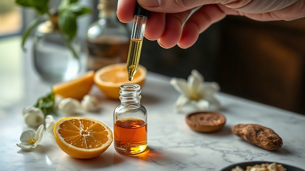 Close-up photograph of a hand holding a glass pipette dropping fragrance oil into a small amber testing vial on a marble