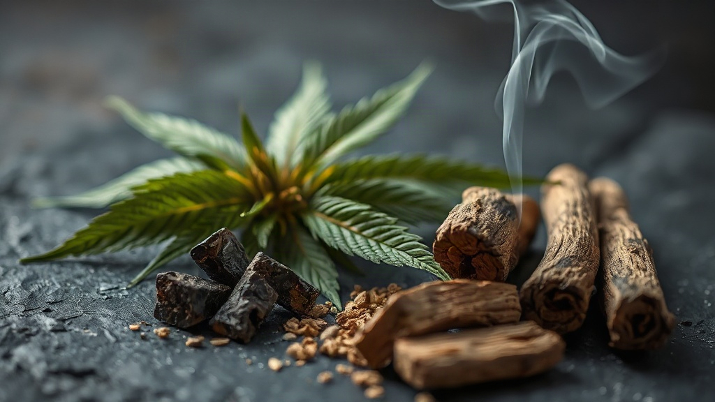 close-up still life of dried cannabis leaves, dark incense resin chunks, a curl of incense smoke, and rough-cut oud wood