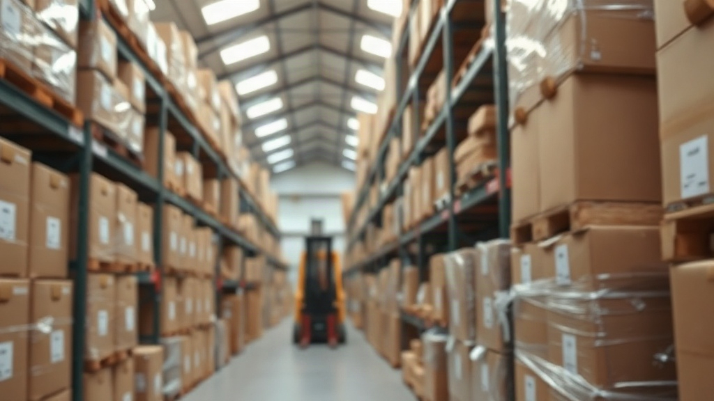 overhead view of a wholesale fragrance warehouse aisle with stacked cardboard shipping cartons and wrapped pallets, fork