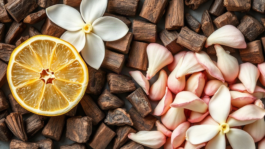 overhead photo of raw perfume ingredients including fresh bergamot halves, jasmine blossoms, and dark oud wood chips arr