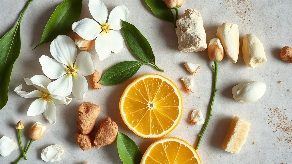 overhead flat-lay of raw perfumery ingredients including bergamot citrus slices, fresh jasmine blossoms, and chunks of o