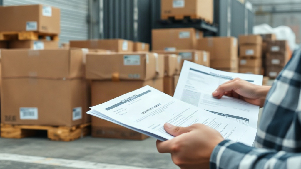 a close-up of hands reviewing shipping documents and a customs declaration form next to sealed cardboard cargo boxes on 