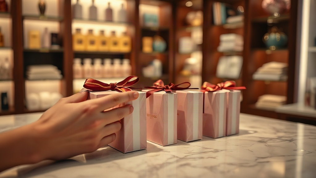 a hand arranging elegant ribboned perfume gift boxes on a marble retail display counter, warm boutique lighting, soft-fo