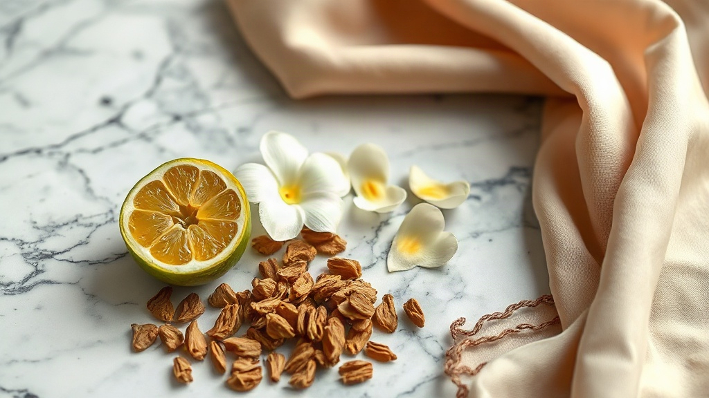 raw perfumery ingredients arranged on a marble surface, fresh bergamot fruit sliced open, jasmine flowers scattered besi