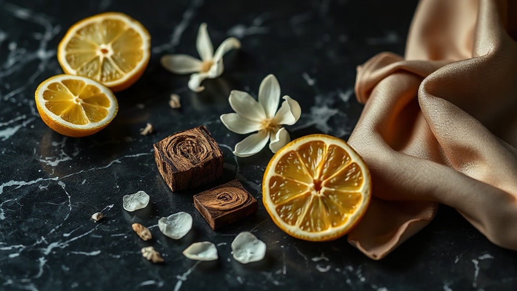 close-up still life of raw perfumery materials arranged on a dark marble surface: fresh bergamot citrus halves, a cluste